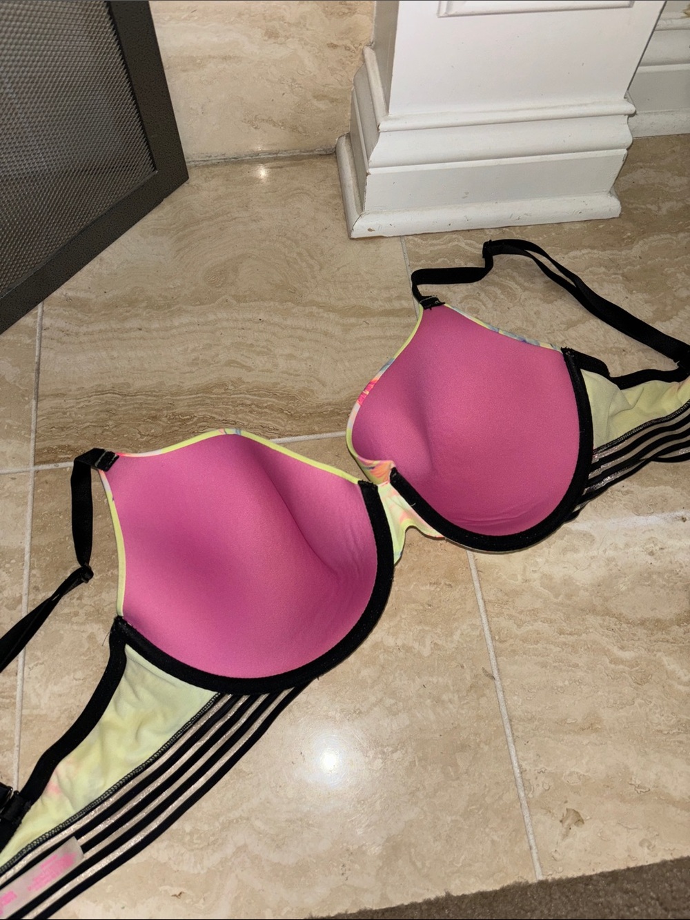 PINK Victoria's Secret Neon Yellow Floral Padded Bra with Black Straps - Picture 5 of 5